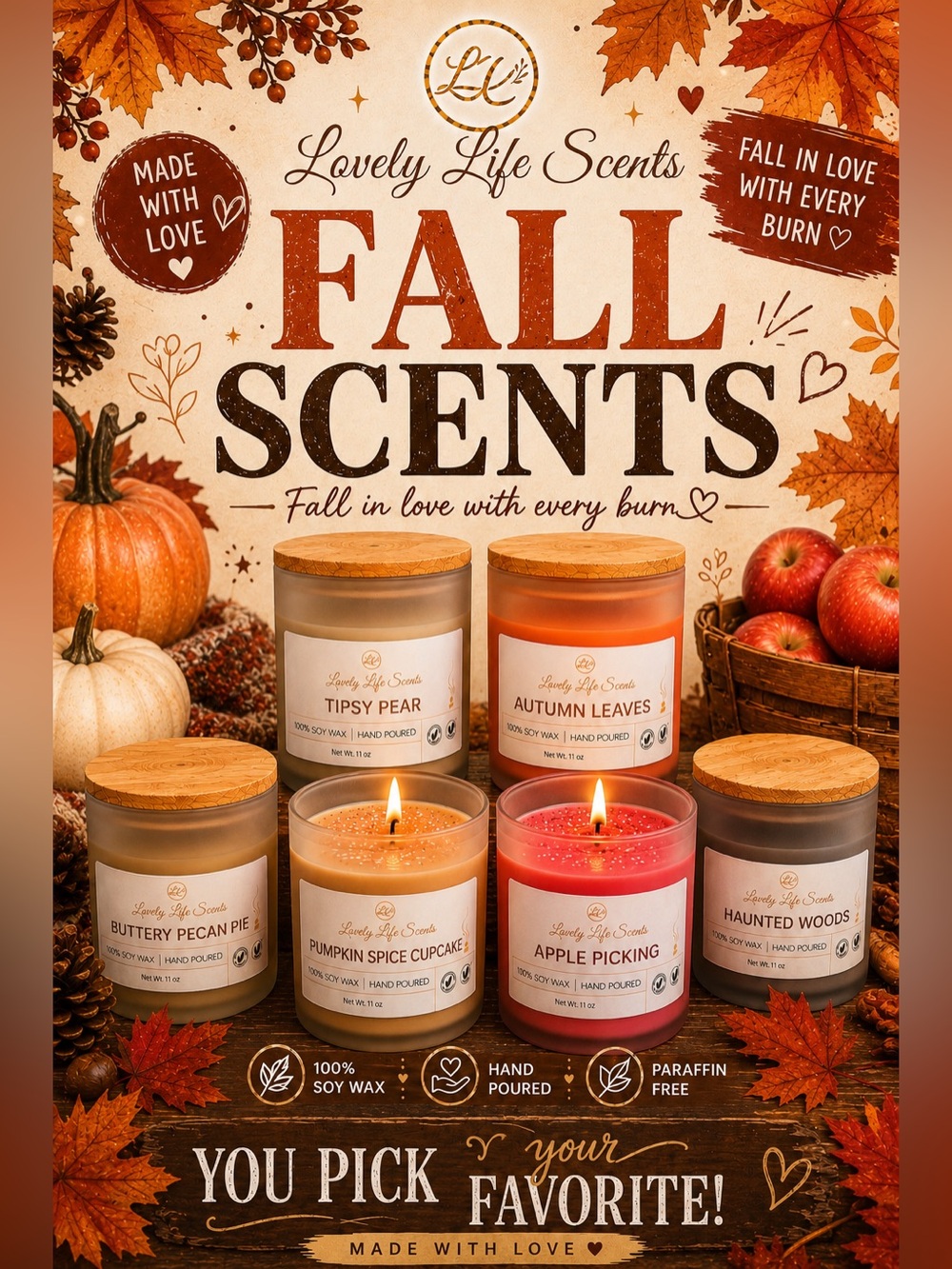 Hand Crafted 11 oz Premium Soy Wax Fall Candle Collection Lovely Life Scents